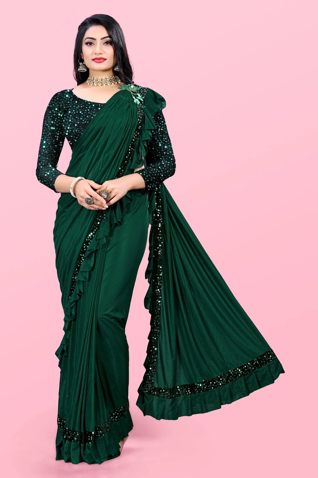 Lycra Blend Solid Saree for Women (Sea Green, 6.3 m)